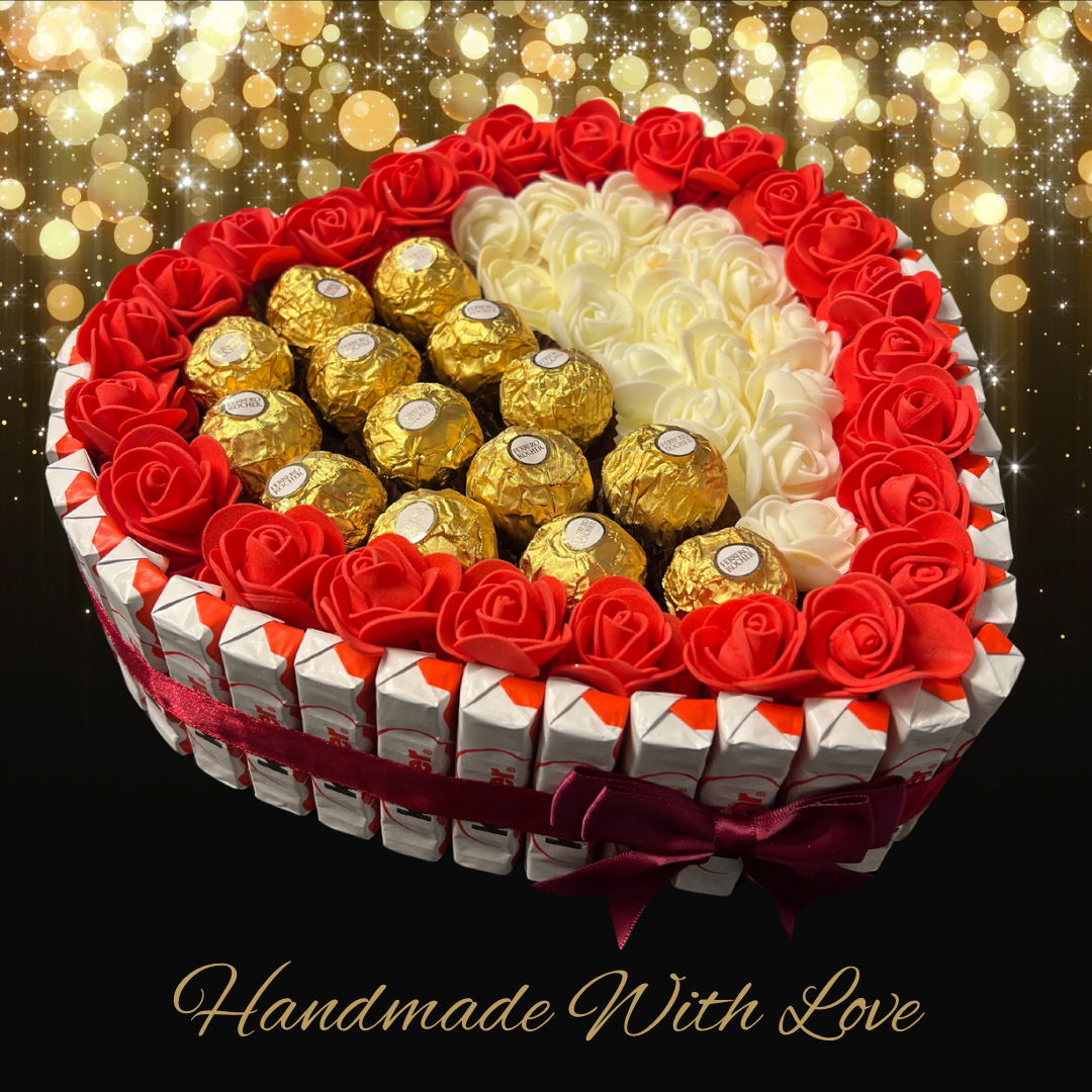 Luxury Handmade Kinder Chocolate Heart Gift Selection / Half White Roses /