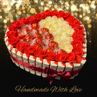 Luxury Handmade Kinder Chocolate Heart Gift Selection / Half White Roses /