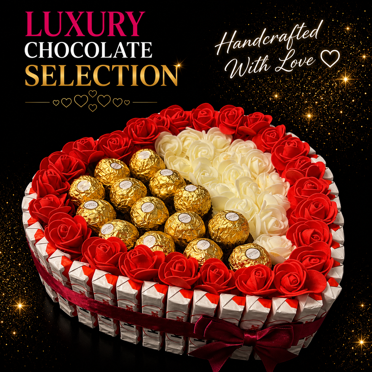 Luxury Handmade Kinder Chocolate Heart Gift Selection / Half White Roses /