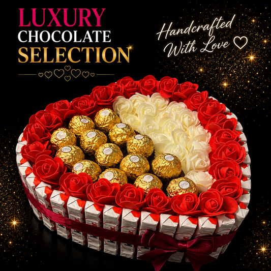 Luxury Handmade Kinder Chocolate Heart Gift Selection / Half White Roses /